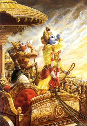 Arjuna soprando Devadatta e Krishna soprando Pañchajanya